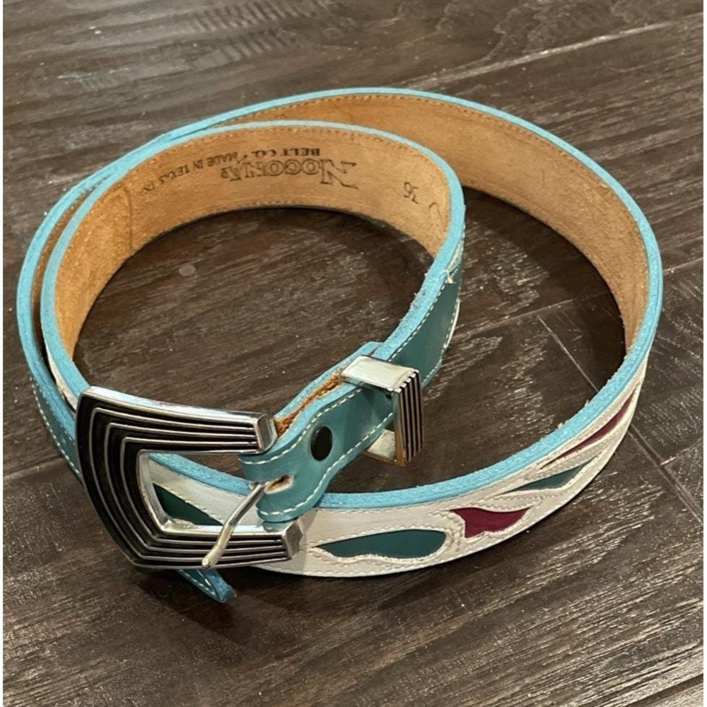 Nocona Womens 36 Belt Turquoise White Burgundy Western Leather Inlay Made in USA